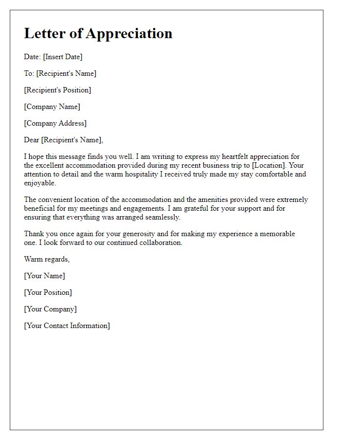 Letter template of appreciation for a business trip accommodation