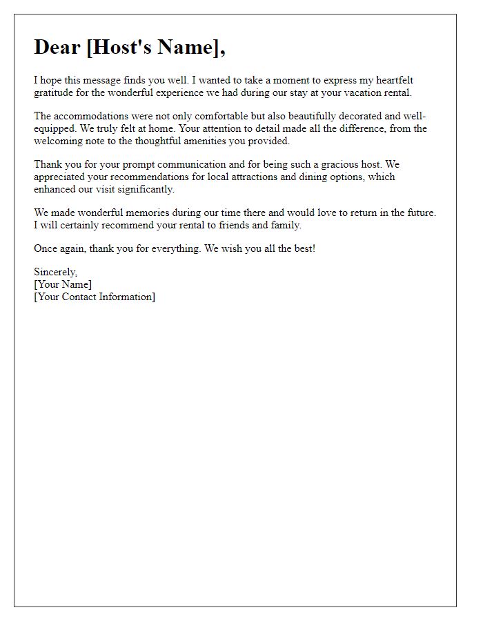 Letter template of gratitude for a vacation rental experience