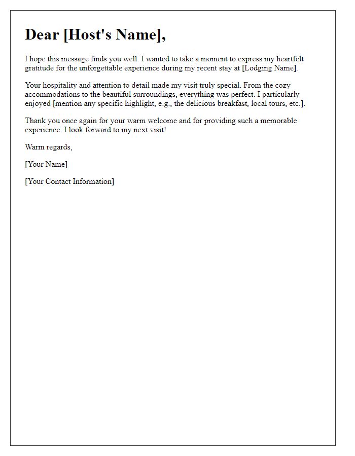 Letter template of thank you for a memorable lodging experience