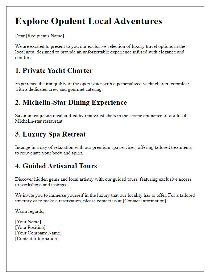 Letter template of luxury local travel options.