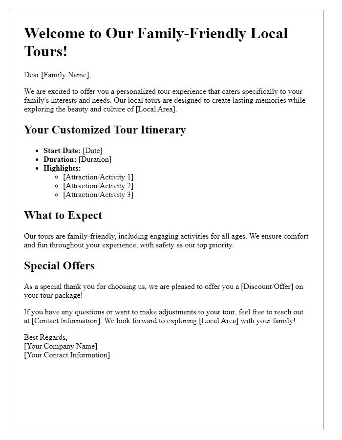 Letter template of personalized local tours for families.