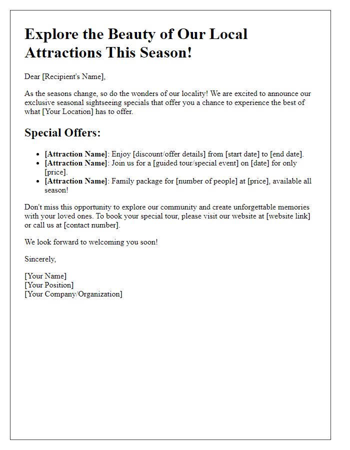 Letter template of seasonal local sightseeing specials.