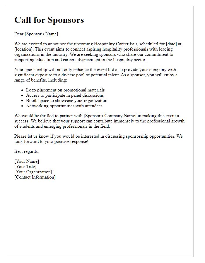 Letter template of Call for Sponsors for Hospitality Career Fair