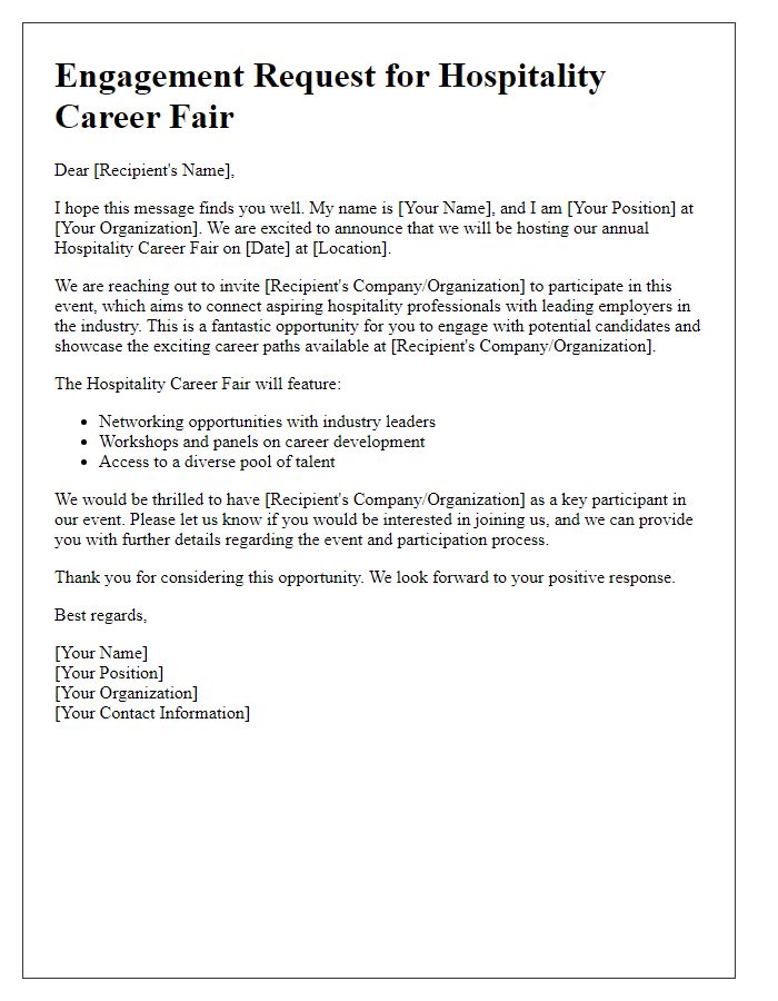 Letter template of Engagement Request for Hospitality Career Fair