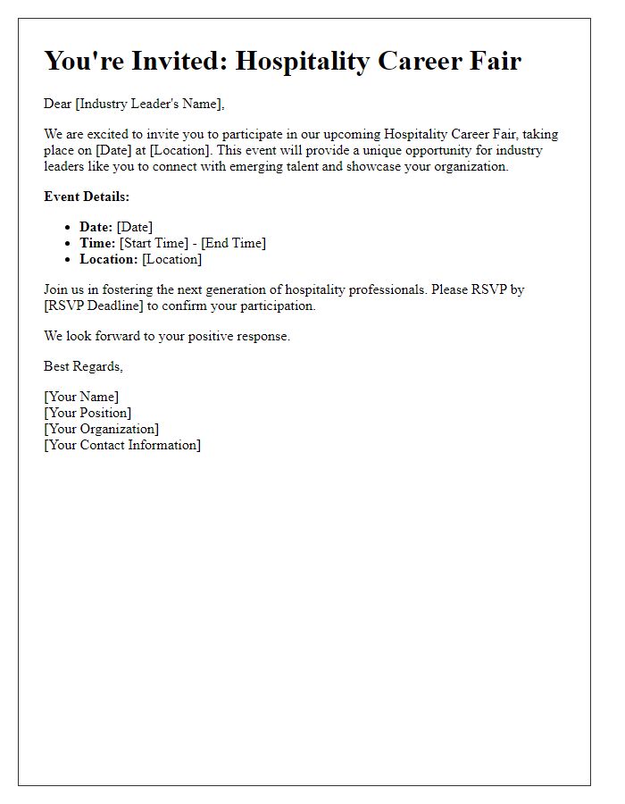 Letter template of Hospitality Career Fair Invitation to Industry Leaders