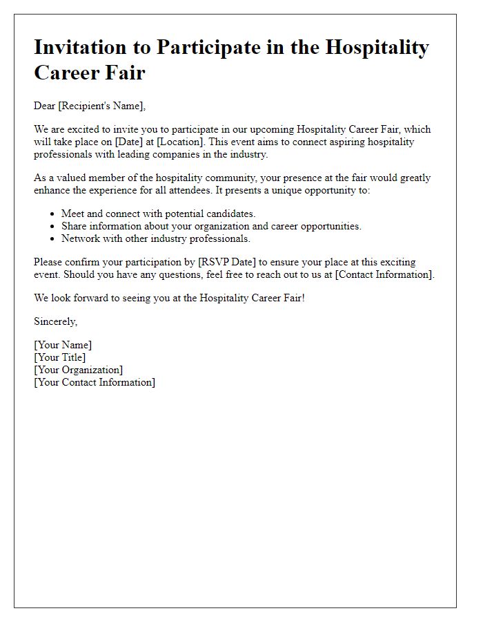 Letter template of Invitation to Participate in Hospitality Career Fair