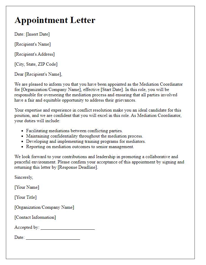 Letter template of mediation coordinator appointment letter