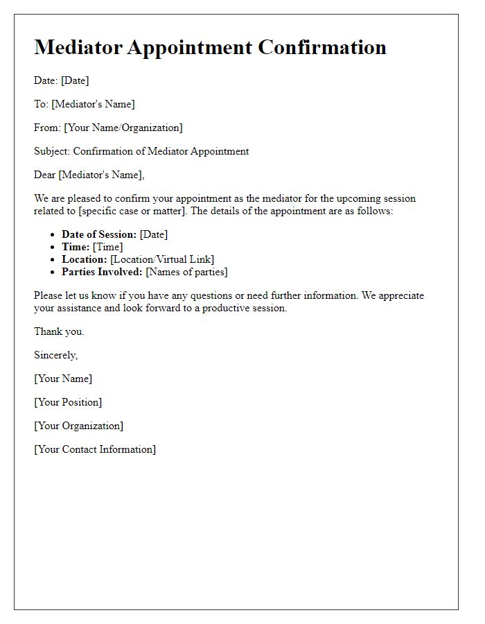 Letter template of mediator appointment confirmation