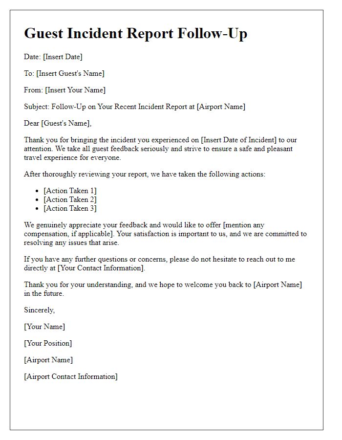 Letter template of guest incident report follow-up for airport facilities