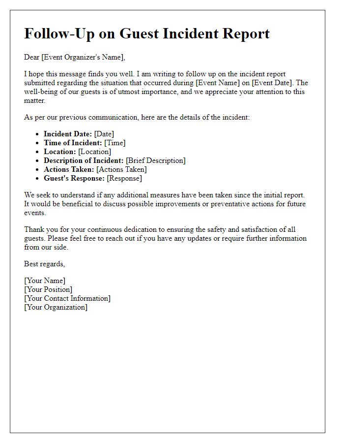 Letter template of guest incident report follow-up for event organizers