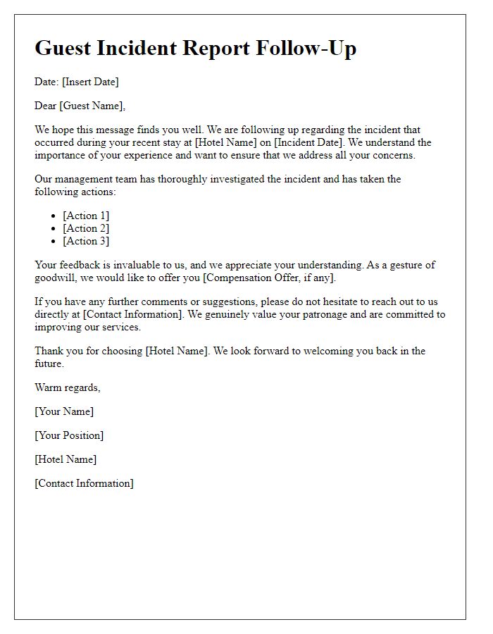 Letter template of guest incident report follow-up for hospitality chains