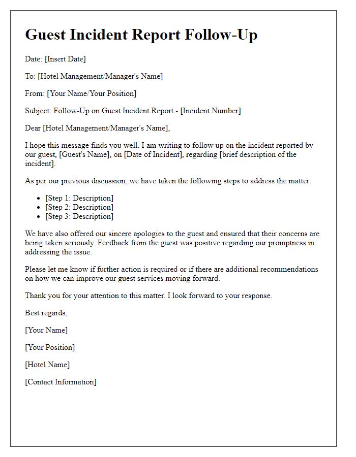 Letter template of guest incident report follow-up for hotel management