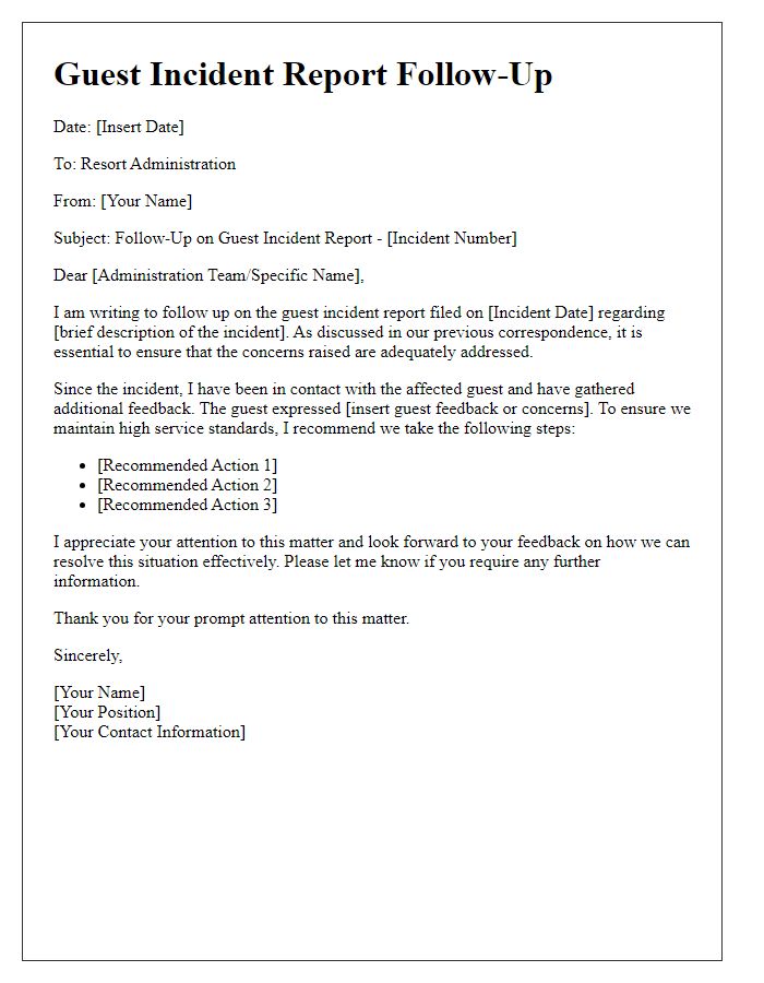 Letter template of guest incident report follow-up for resort administration