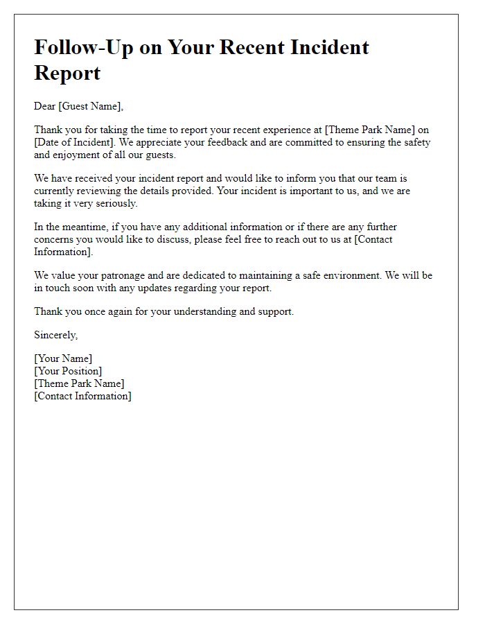 Letter template of guest incident report follow-up for theme parks