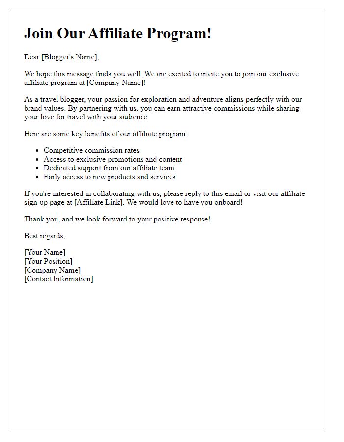 Letter template of affiliate program invitation for travel bloggers