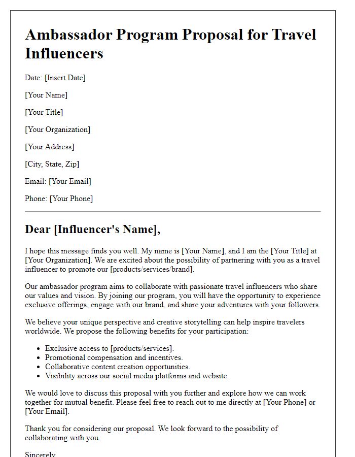 Letter template of ambassador program proposal for travel influencers