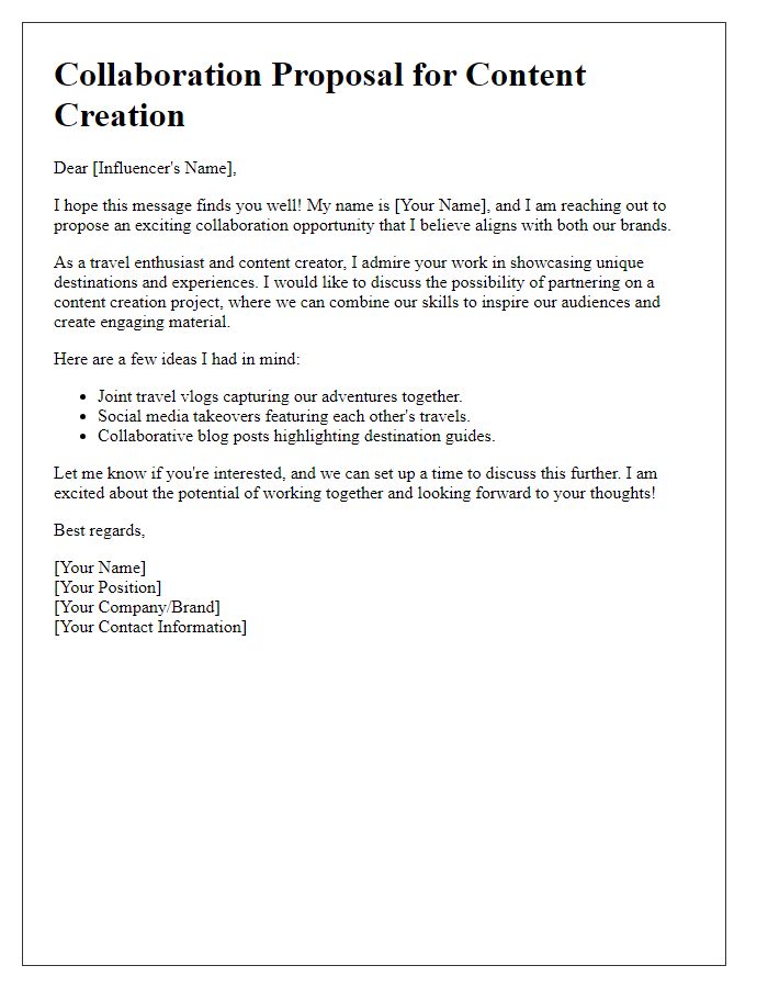 Letter template of content creation collaboration for travel influencers