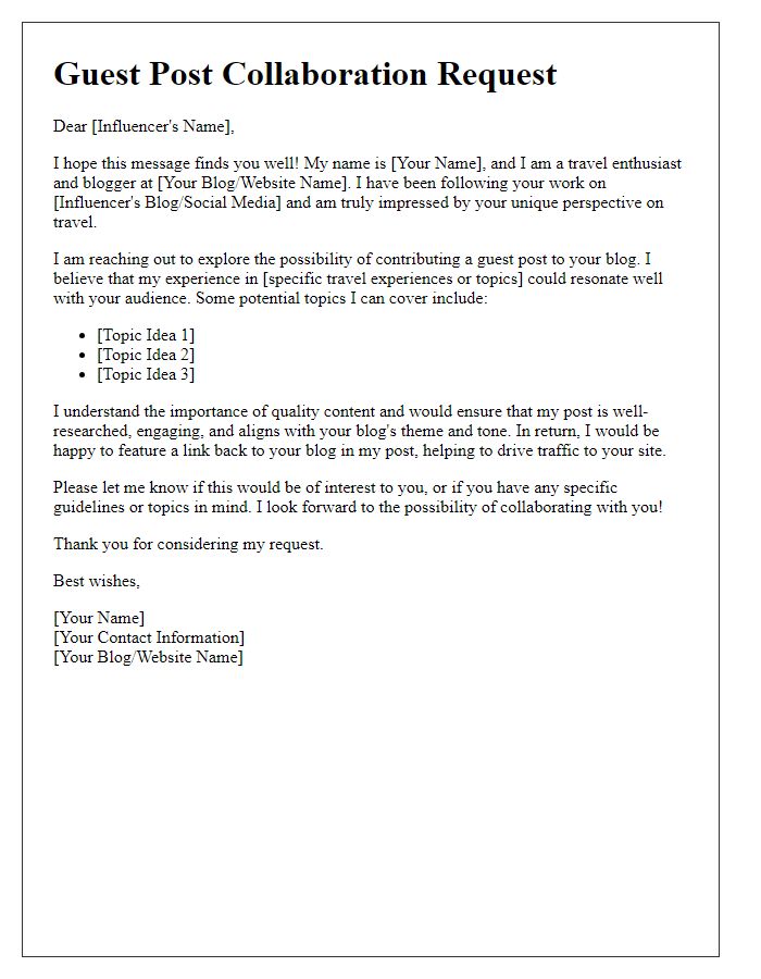 Letter template of guest post request for travel niche influencers