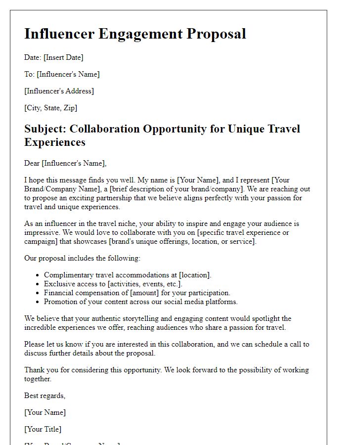 Letter template of influencer engagement proposal for travel experiences