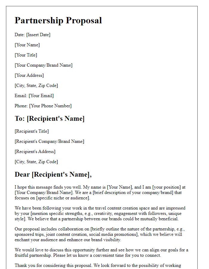 Letter template of partnership proposal for travel content creators
