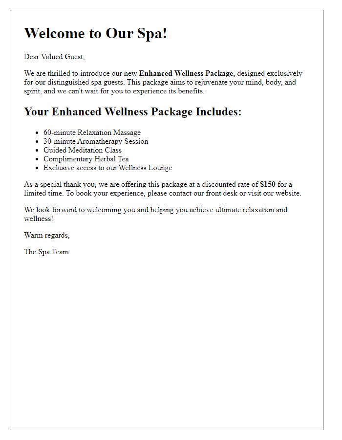 Letter template of enhanced wellness package for spa guests