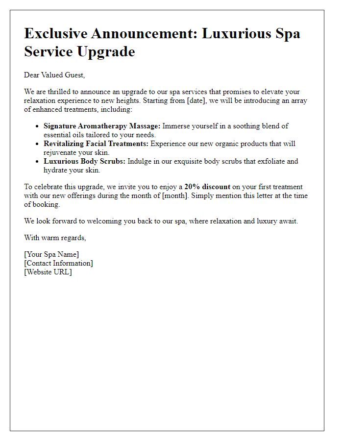 Letter template of luxurious spa service upgrade announcement