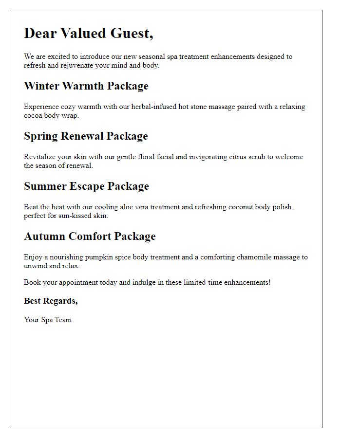 Letter template of seasonal spa treatment enhancements