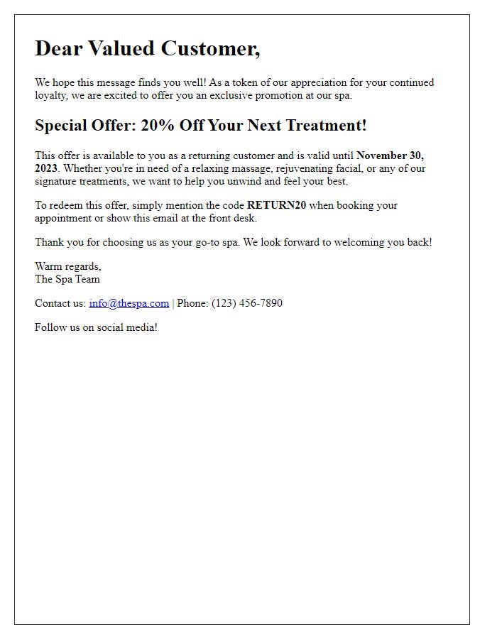 Letter template of special spa offer for returning customers