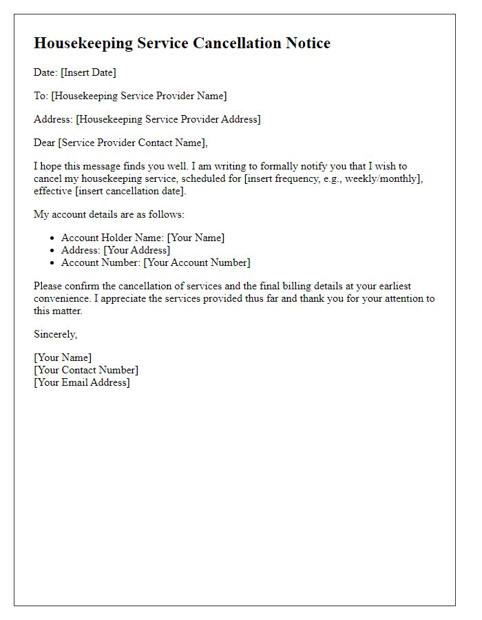 Letter template of housekeeping service cancellation notice