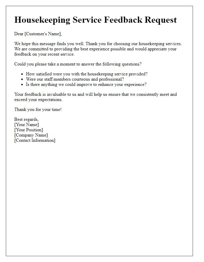 Letter template of housekeeping service feedback request