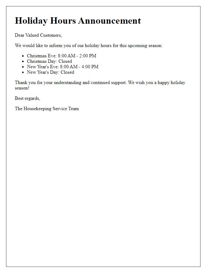 Letter template of housekeeping service holiday hours announcement