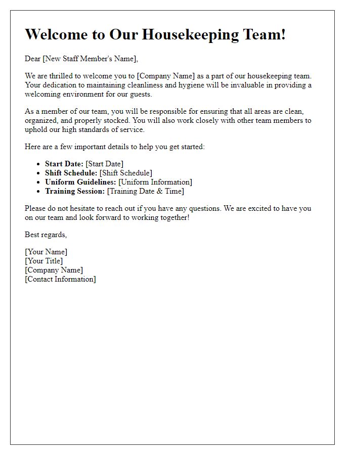 Letter template of housekeeping service introduction to new staff