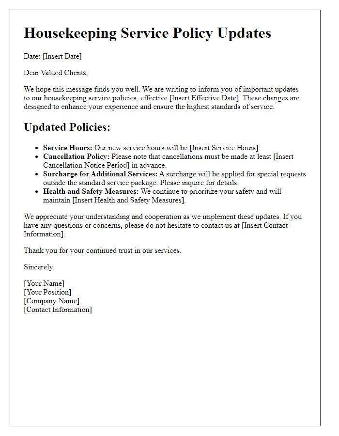 Letter template of housekeeping service policy updates