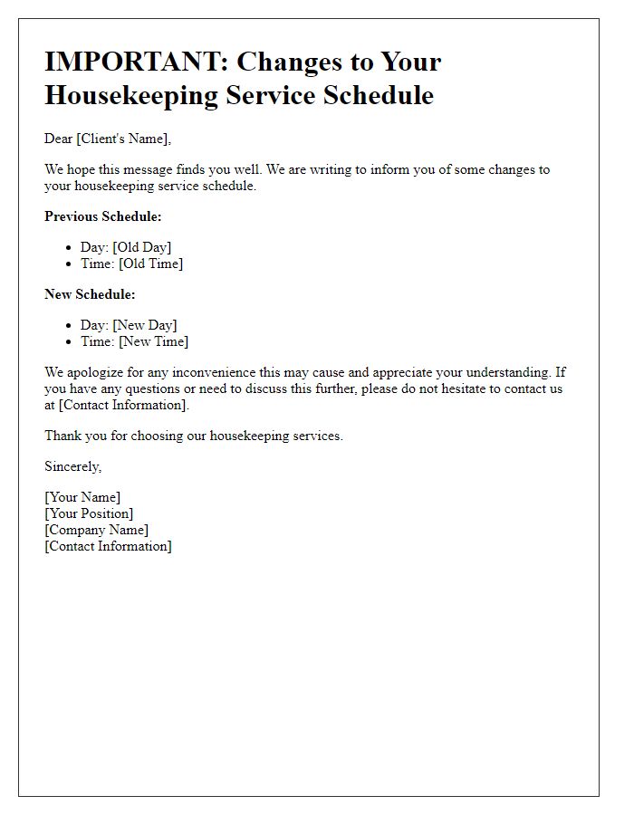 Letter template of housekeeping service schedule changes