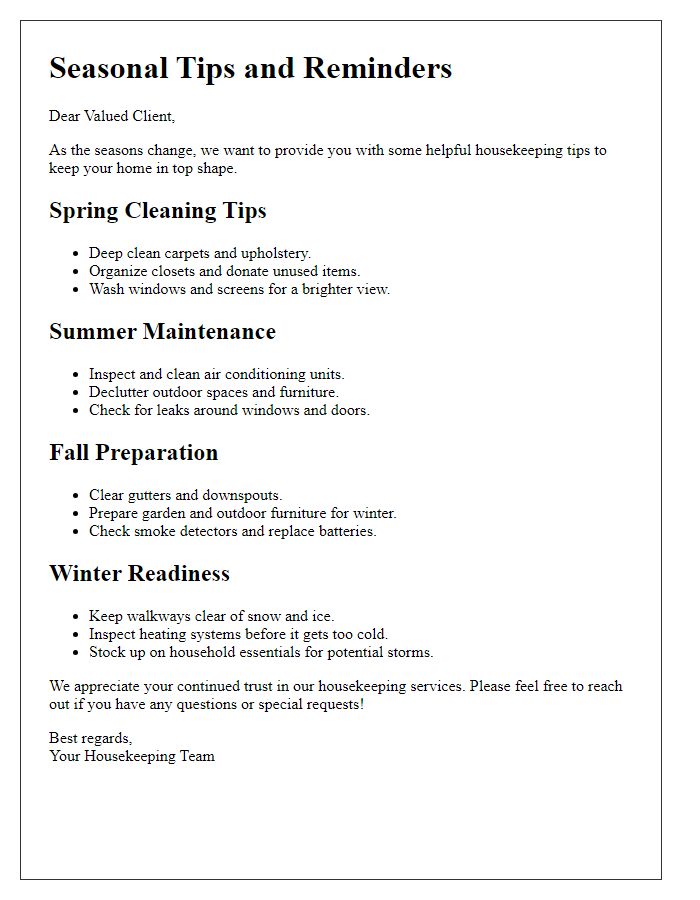 Letter template of housekeeping service seasonal tips and reminders