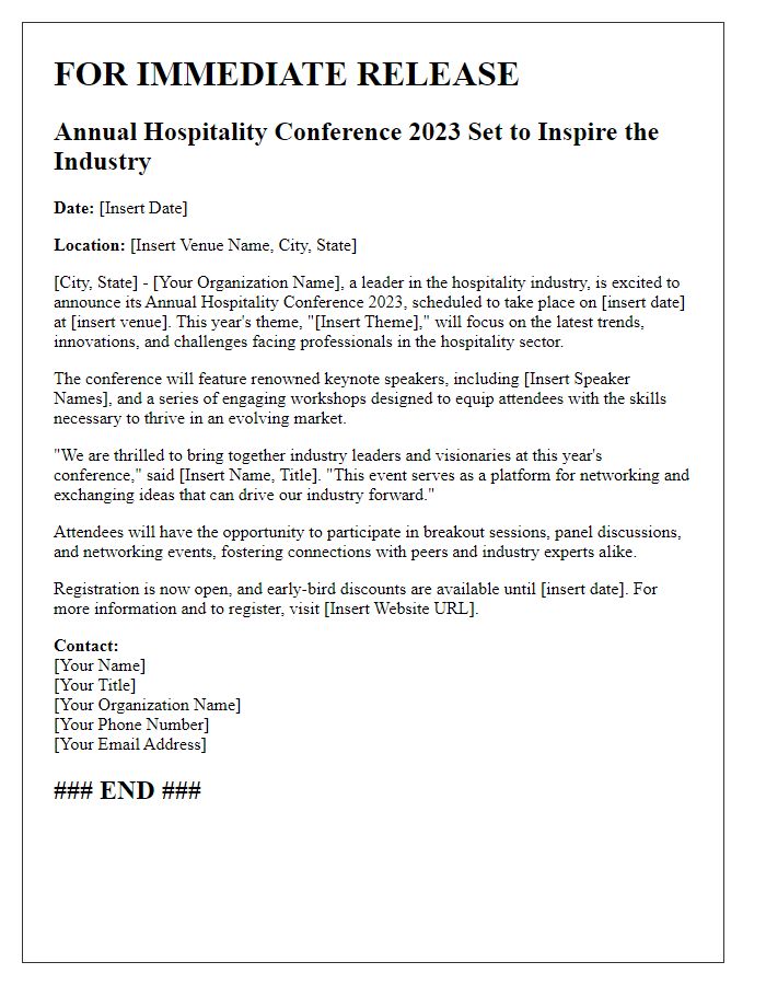 Letter template of press release for annual hospitality conference