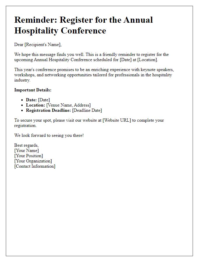 Letter template of registration reminder for annual hospitality conference