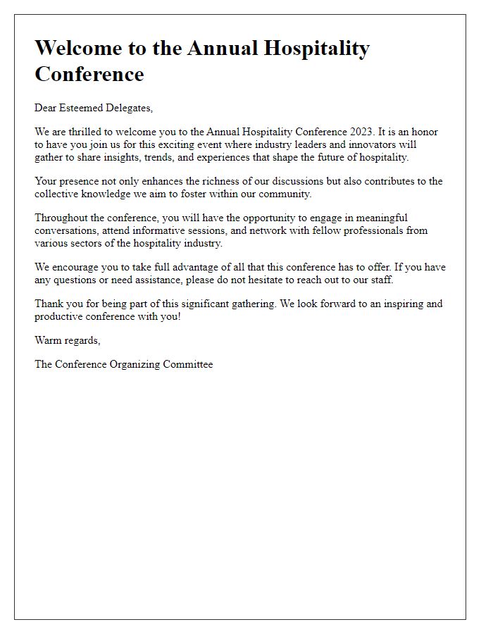 Letter template of welcome message for annual hospitality conference delegates