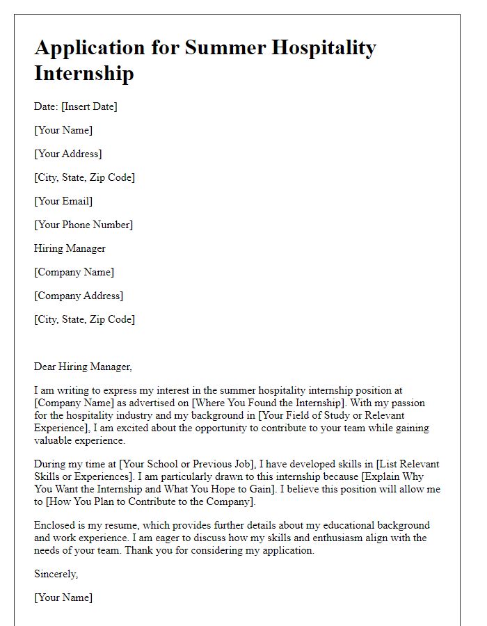 Letter template of application for summer hospitality internship