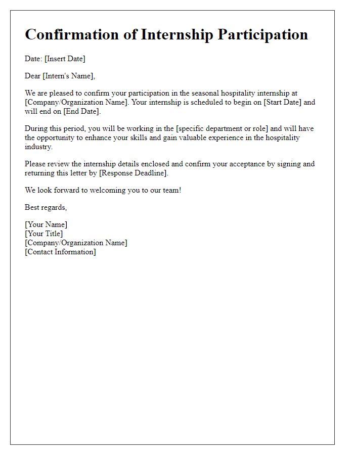 Letter template of confirmation for participation in a seasonal hospitality internship