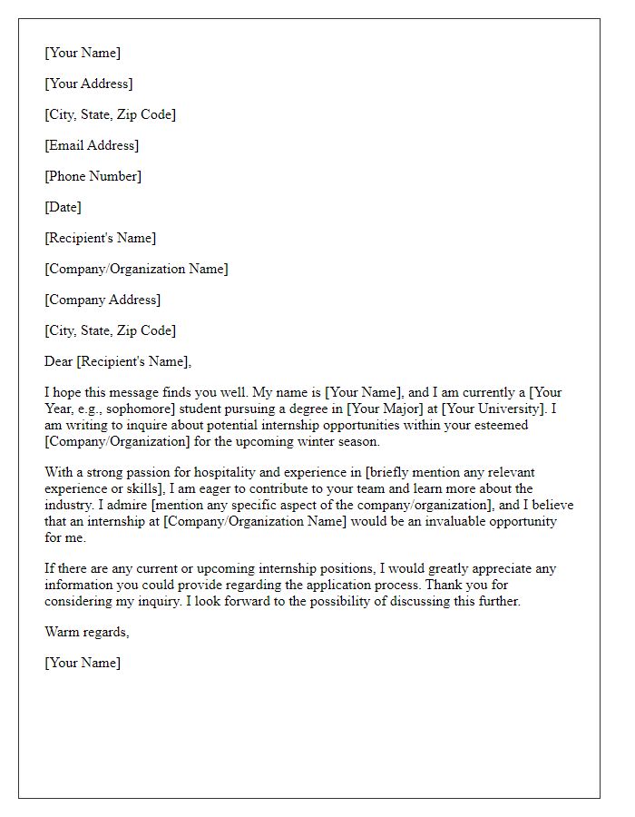 Letter template of inquiry for winter hospitality internship