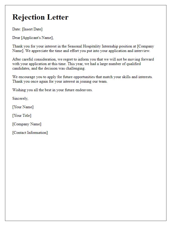 Letter template of rejection for a seasonal hospitality internship