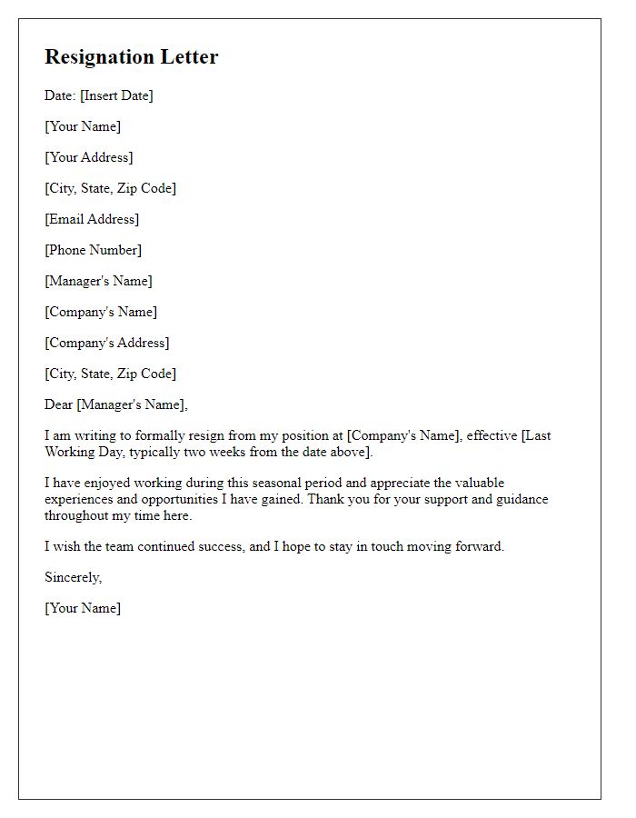 Letter template of resignation from seasonal hospitality position