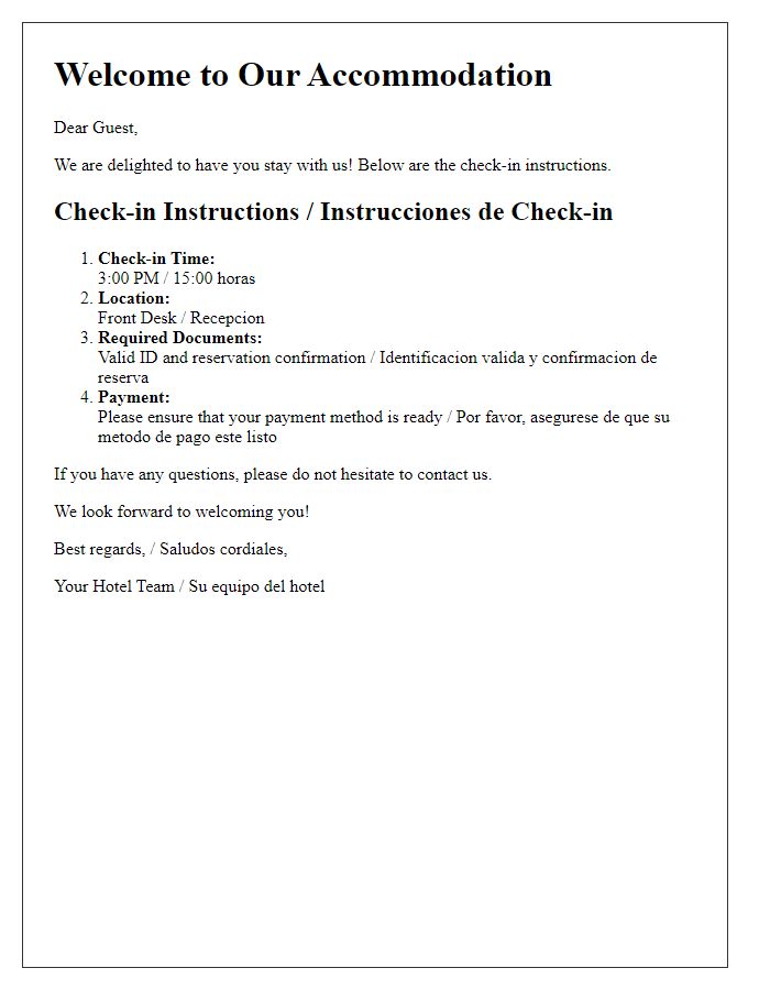 Letter template of check-in instructions for bilingual guests