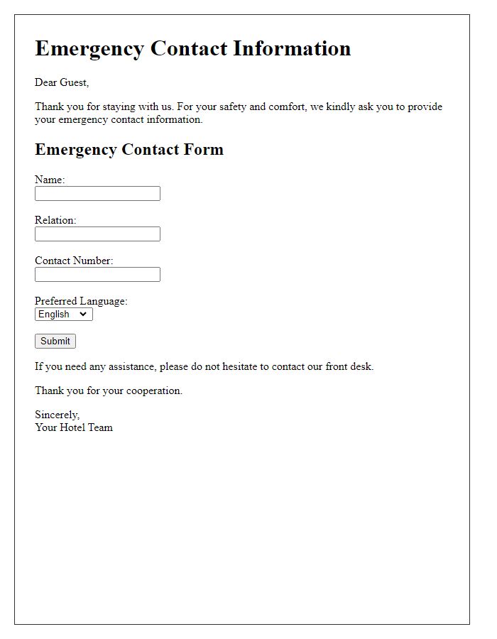 Letter template of emergency contact information for bilingual guests