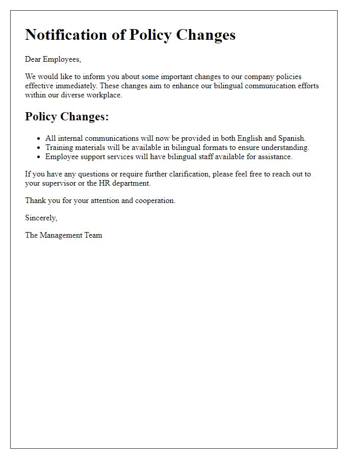 Letter template of policy changes for bilingual communication