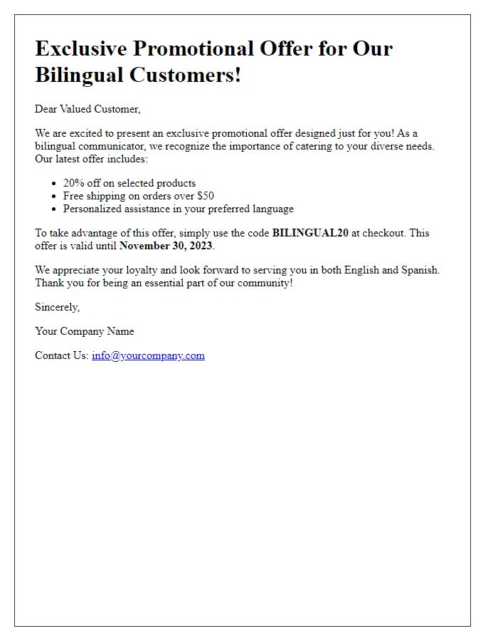 Letter template of promotional offer for bilingual communication