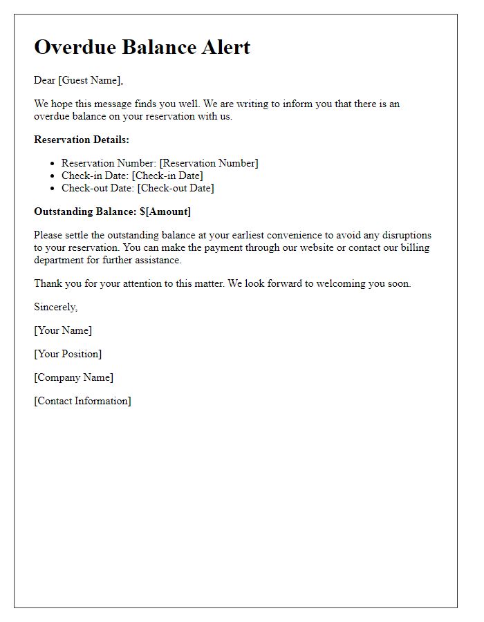 Letter template of overdue balance alert for your reservation
