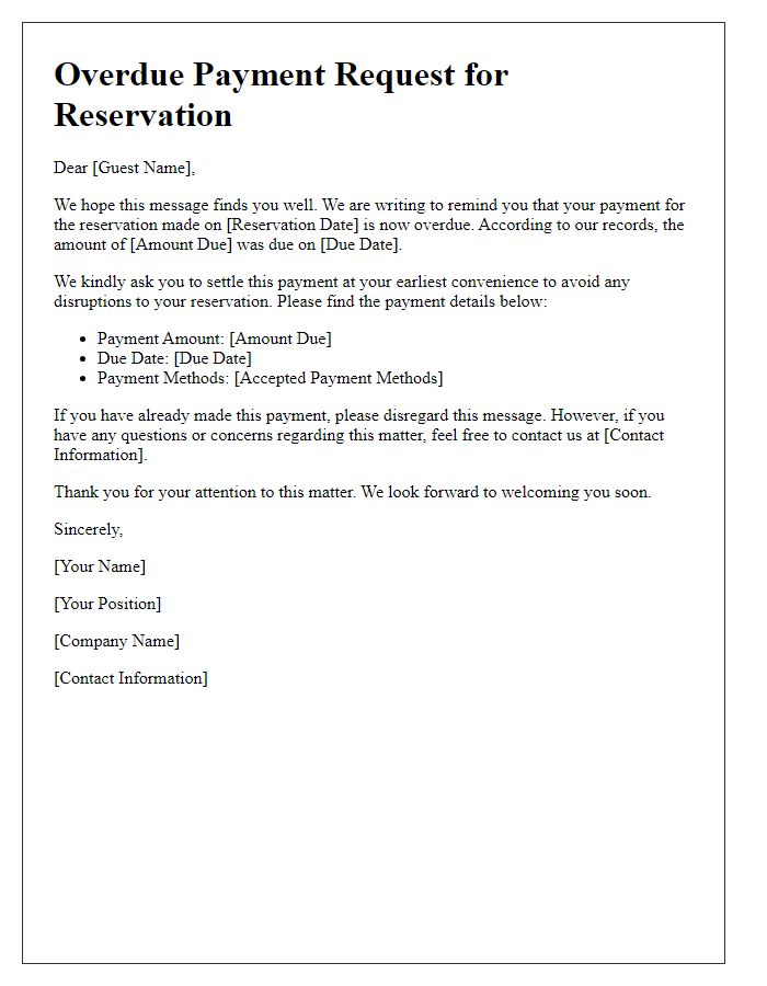 Letter template of overdue payment request for reservation