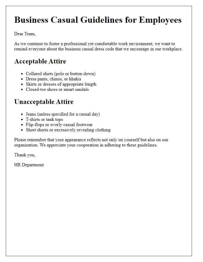 Letter template of business casual guidelines for employees